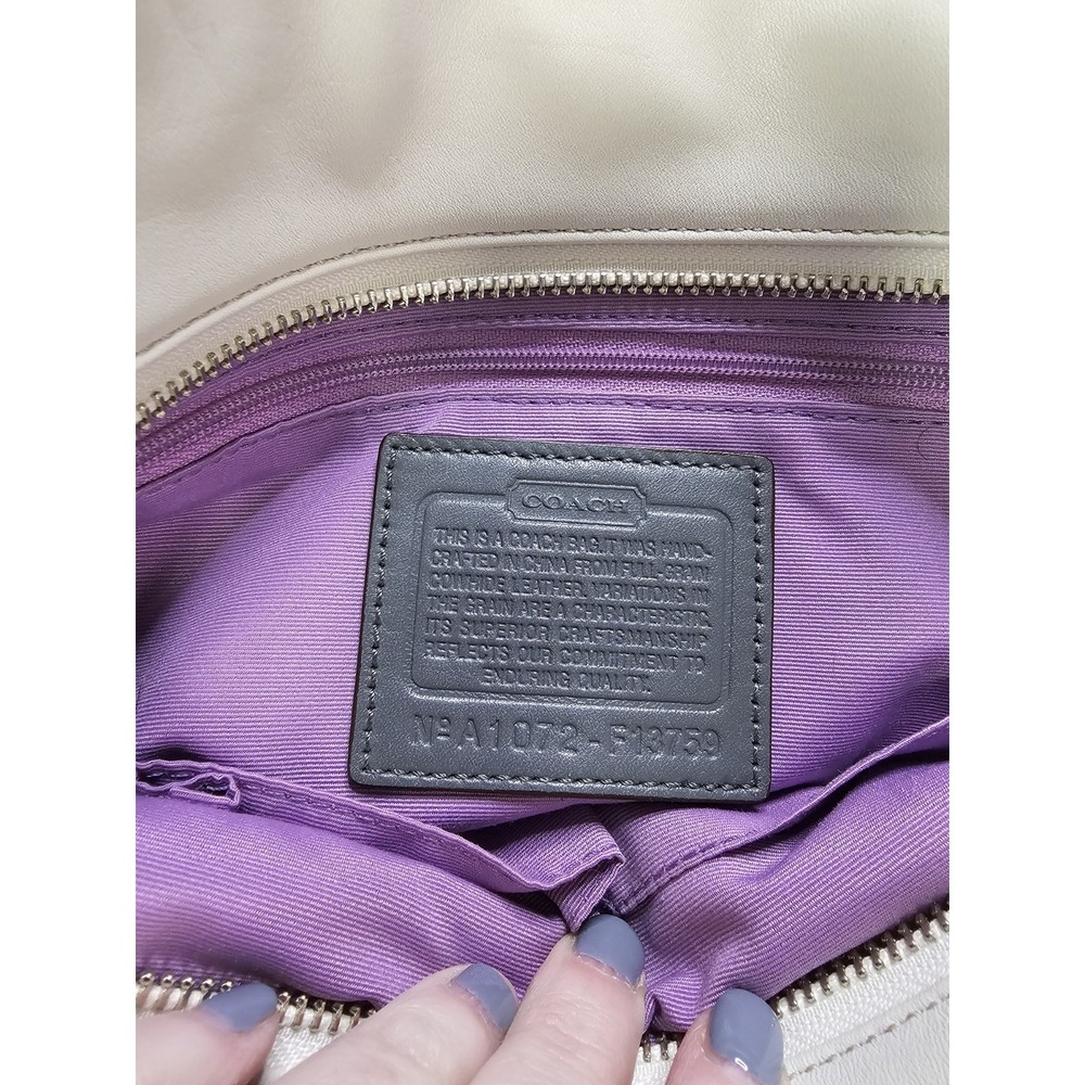 Coach Pleated Leather‎ White & Gray Tote Bag Purse Purple Inside Silver Hardware - Picture 8 of 12